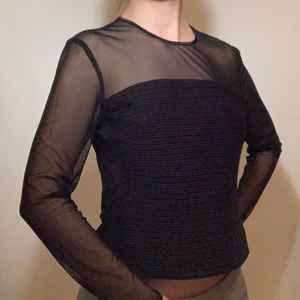 Trendy Black Mesh Long Sleeve Top- Size S